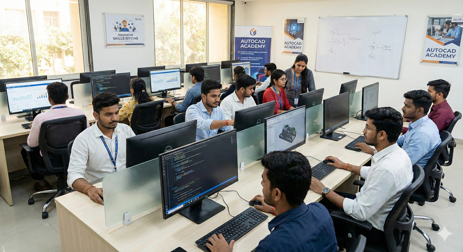 Young Indian students learning technical skills in a computer lab